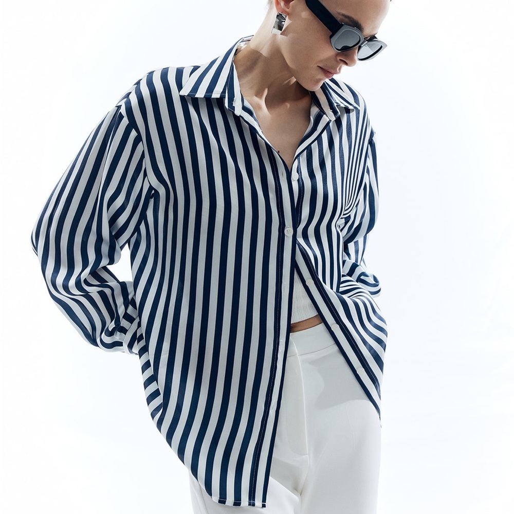 Commense Shift Stripe Turndown Collar Shirt Size S NWOT BLUE/White stripped.